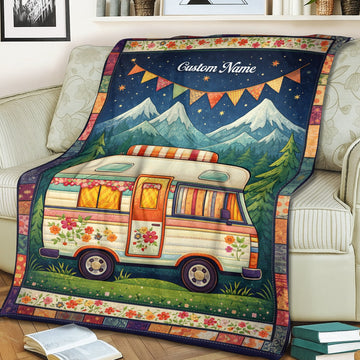Personalized Vintage Camper Blanket – Custom Name Retro RV Gift for Camping Lovers