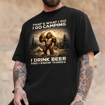 I Go Camping I Drink Beer Bigfoot T-Shirt – Funny Sasquatch Camping Humor Graphic Tee, Vintage Outdoor Adventure Apparel