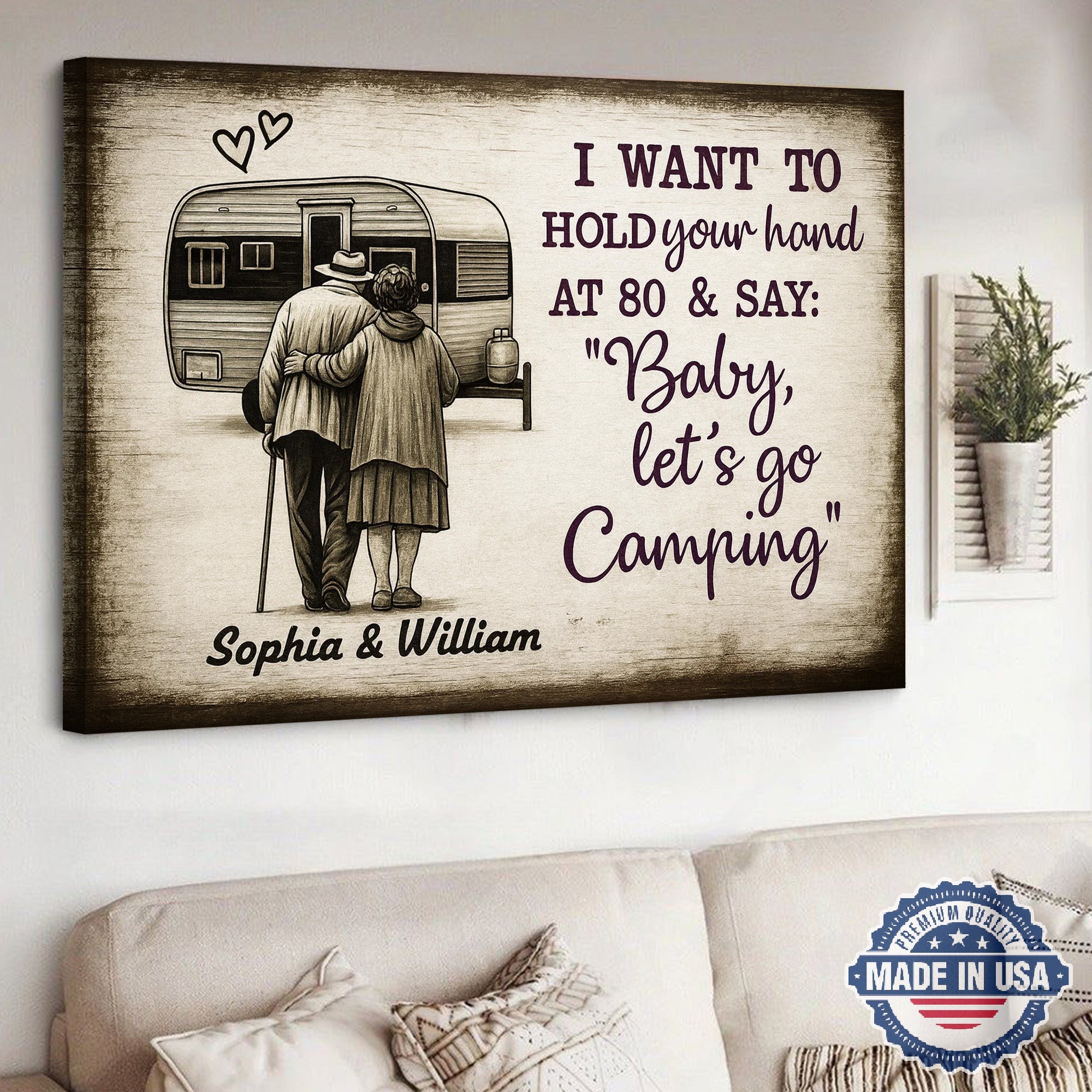 Personalized Camping Couple Canvas – Romantic RV Love Quote Wall Art Custom Names Gift