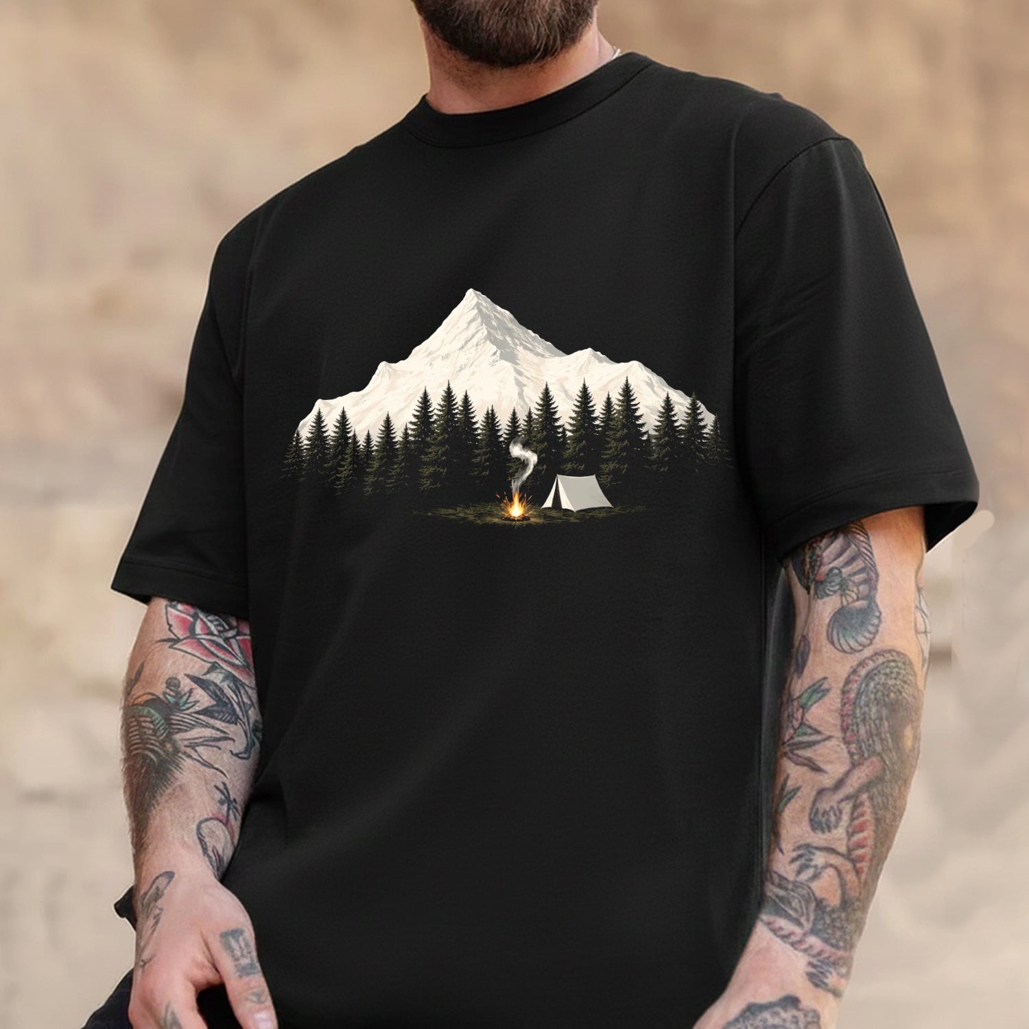 Minimalist Mountain Campfire Camping Graphic T-Shirt