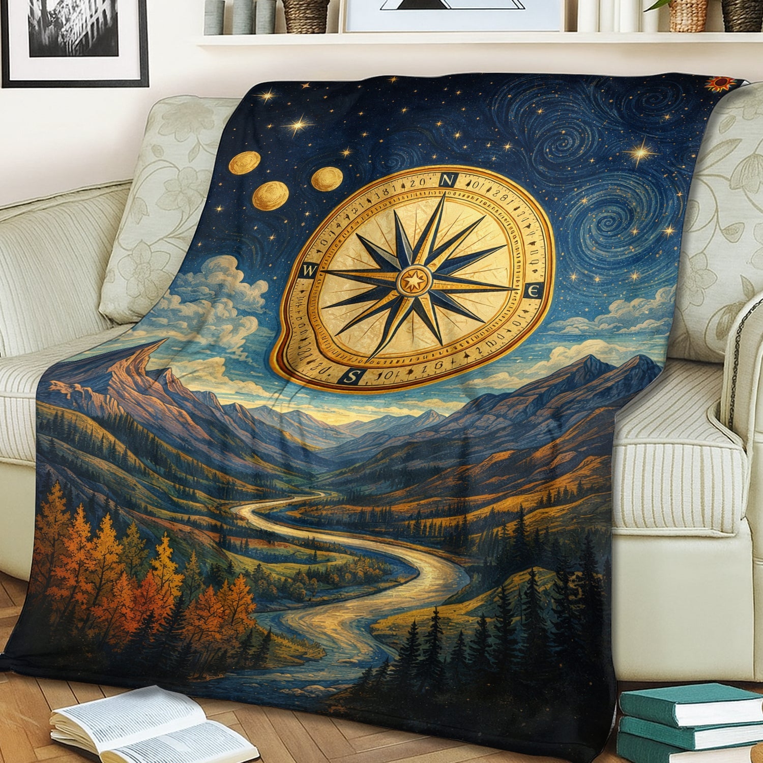 Personalized Adventure Compass Blanket – Mountain River Throw for Hikers, Campers & Nature Lovers