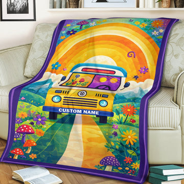 Personalized Rainbow Camper Blanket – Custom Name Retro Van Gift for Happy Campers