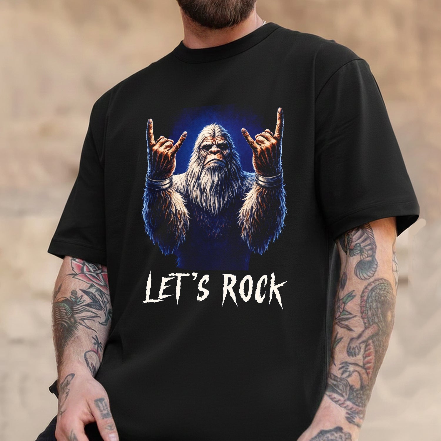 Rock Style Bigfoot T-Shirt – Sasquatch Hand Gesture Graphic Tee, Bold Rock Attitude Illustration Shirt, Funny Cryptid Streetwear Apparel