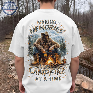 Making Memories Campfire T-Shirt – Bigfoot Cowboy Camping Graphic Tee, Rustic Outdoor Adventure Shirt, Funny Sasquatch Nature Gift
