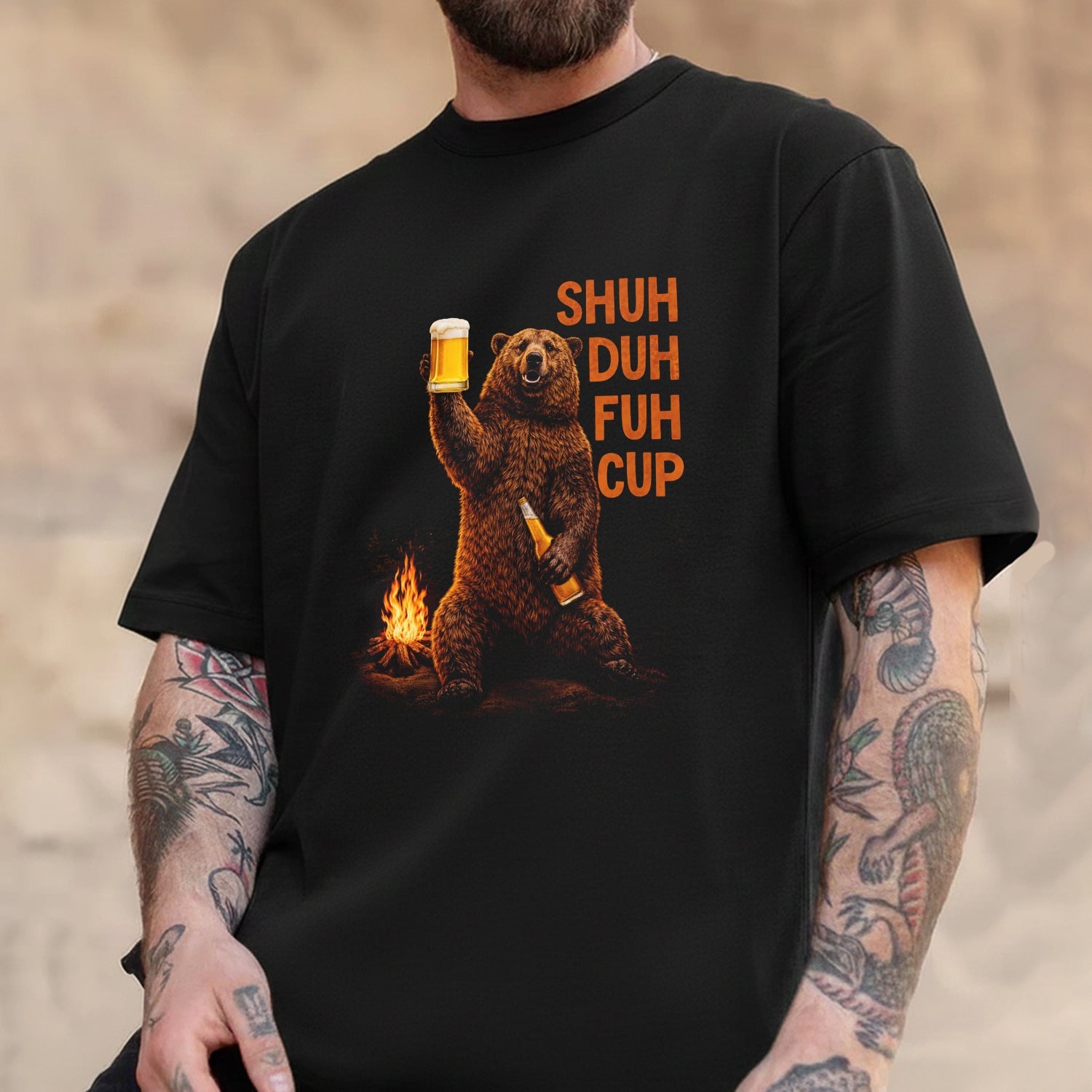 Shuh Duh Fuh Cup T-Shirt – Funny Drinking Bear Campfire Graphic Shirt for Campers, Beer Lovers & Outdoor Humor Fans