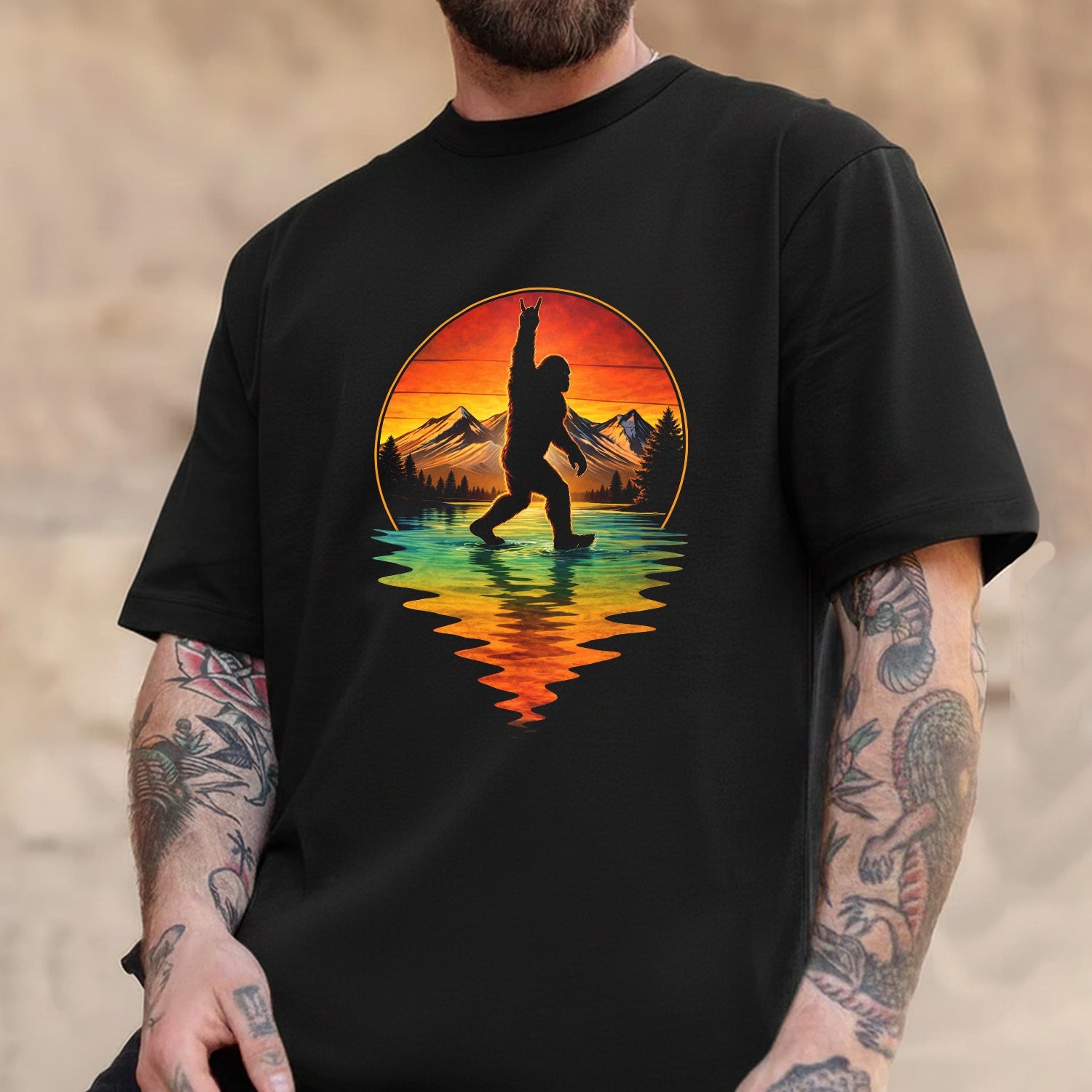 Bigfoot Sunset Lake T-Shirt, Sasquatch Mountain Reflection Graphic Tee, Funny Wilderness Outdoor Adventure Shirt
