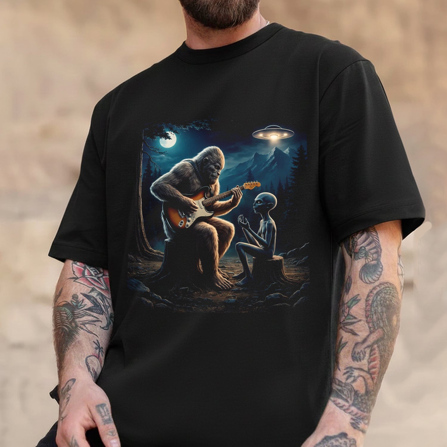 Bigfoot Playing Guitar with Alien T-Shirt – Funny UFO Sasquatch Music Graphic Tee, Sci-Fi Fantasy Humor Shirt