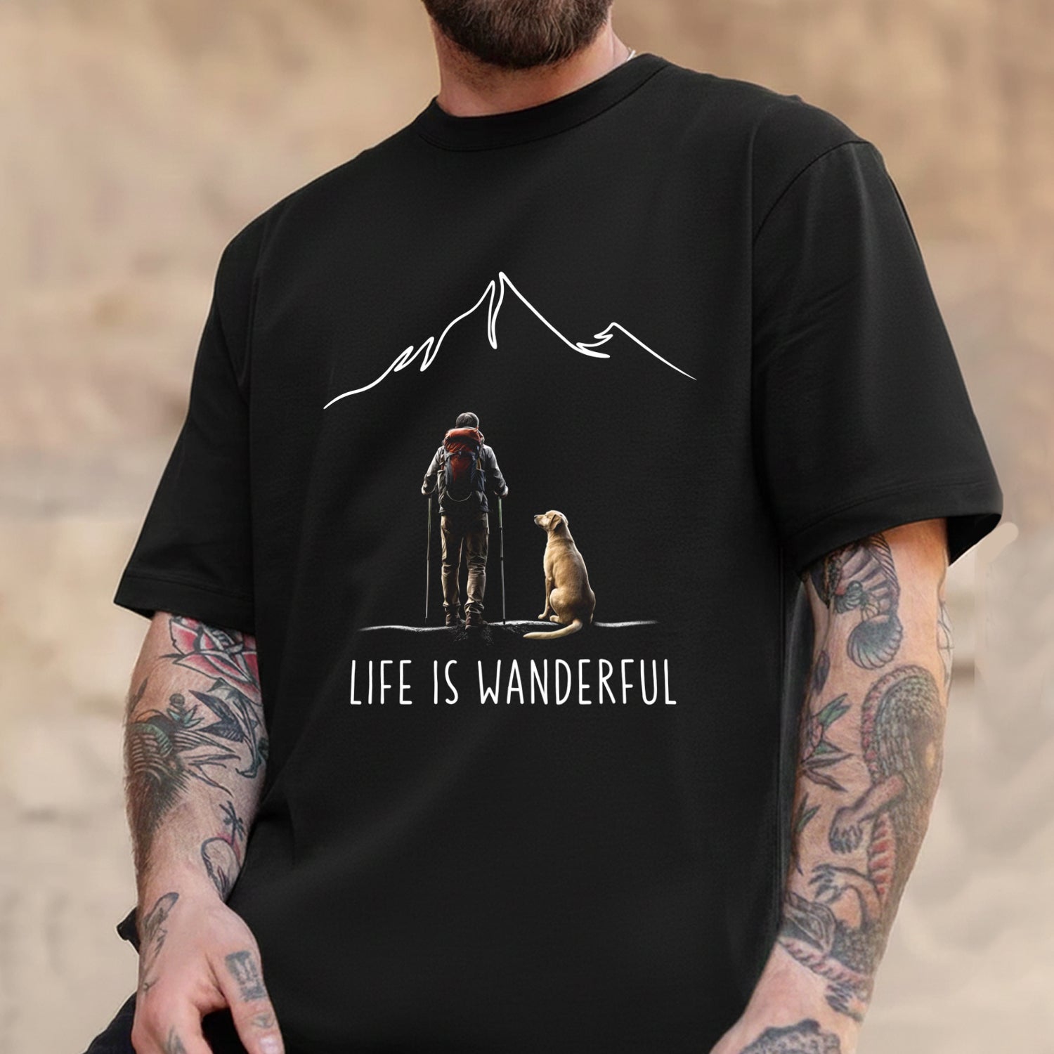 Life Is Wanderful T-Shirt – Minimalist Hiking with Dog Graphic Tee, Mountain Adventure Outdoor Shirt