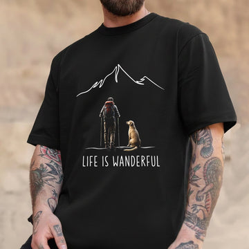 Life Is Wanderful T-Shirt – Minimalist Hiking with Dog Graphic Tee, Mountain Adventure Outdoor Shirt