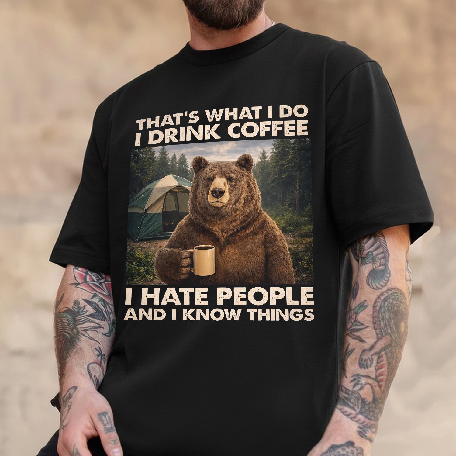 Funny Bear Coffee Camping T-Shirt – Grumpy Bear with Mug Graphic Tee, Outdoor Camping Humor Shirt, Nature Lover Adventure Apparel