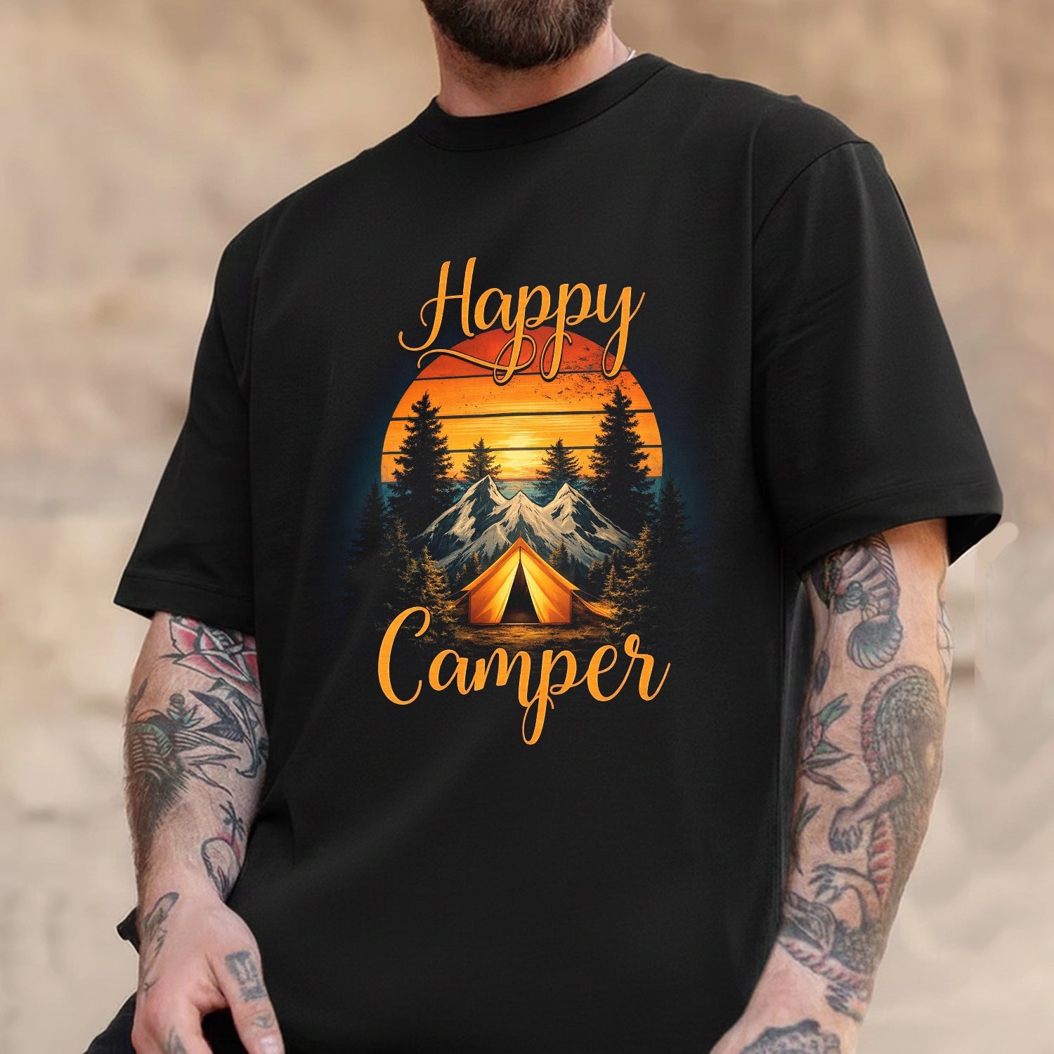 Happy Camper Graphic T-Shirt – Vintage Sunset Mountain Camping Shirt for Outdoor Lovers, Hiking & Adventure Tee