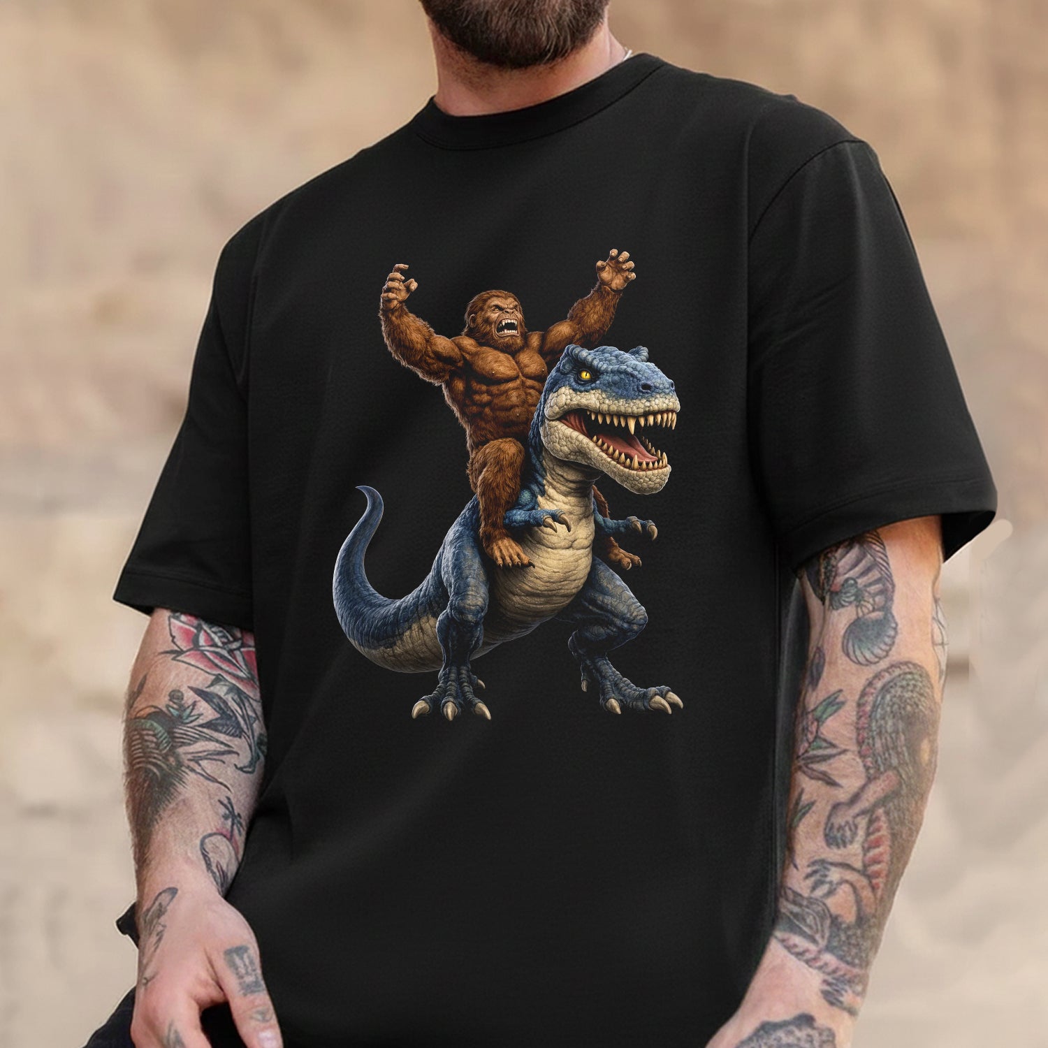 Bigfoot Riding Dinosaur T-Shirt – Funny Sasquatch on T-Rex Graphic Tee, Epic Fantasy Humor Shirt for Adventure & Meme Lovers