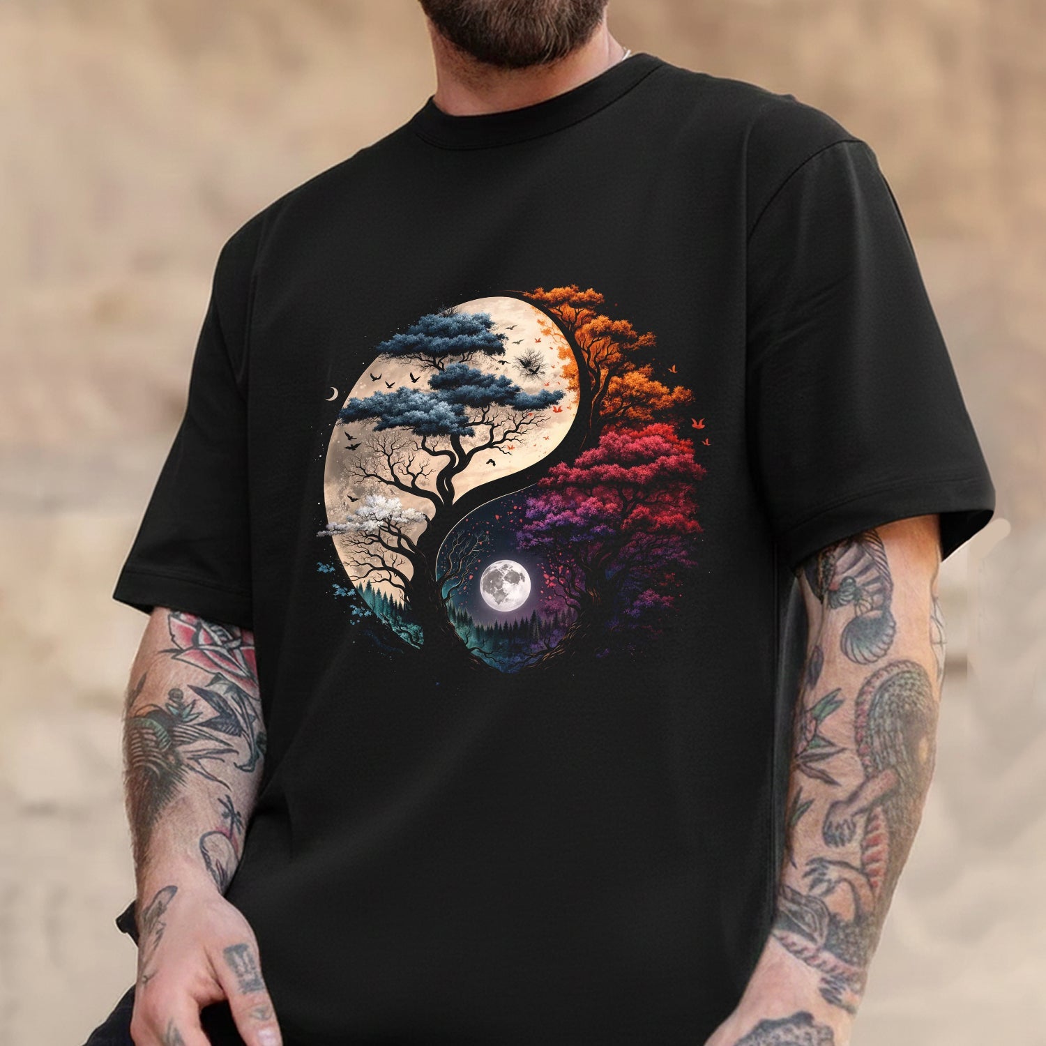 Yin Yang Tree of Life T-Shirt – Colorful Moon Nature Graphic Tee, Spiritual Balance Art Shirt