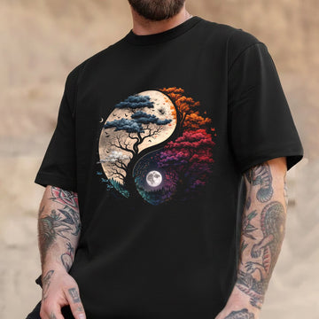 Yin Yang Tree of Life T-Shirt – Colorful Moon Nature Graphic Tee, Spiritual Balance Art Shirt