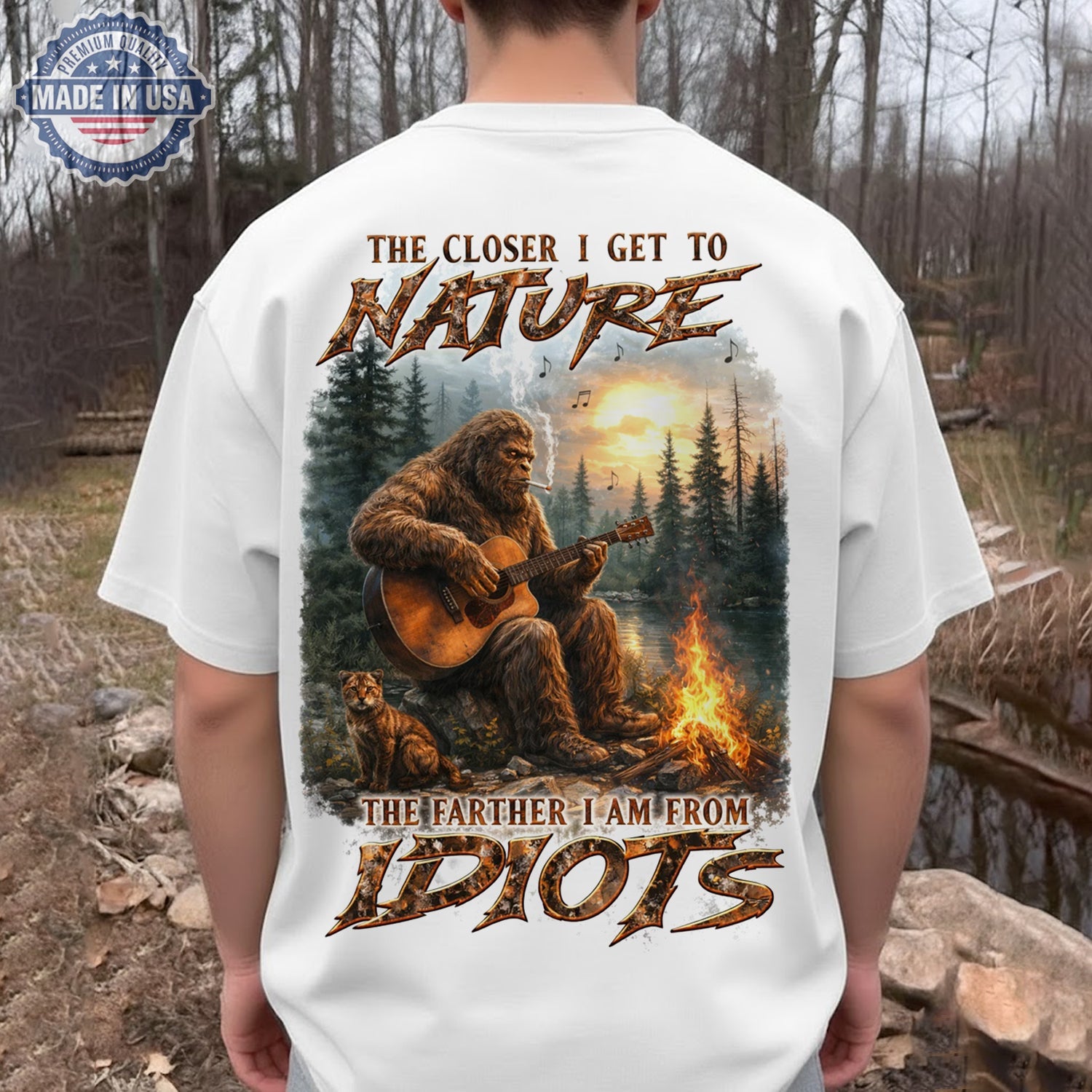 The Closer I Get To Nature Bigfoot Guitar T-Shirt, Sasquatch Campfire Music Tee, Funny Anti Social Nature Shirt