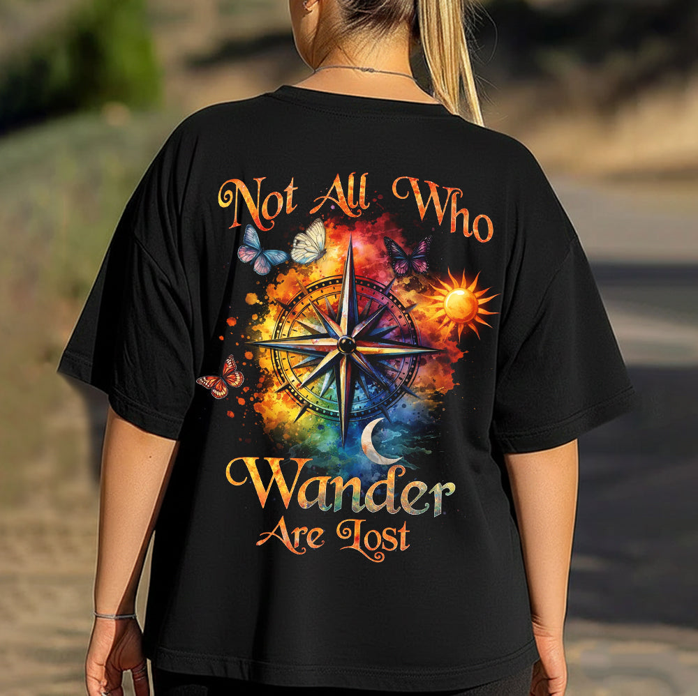Not All Who Wander Are Lost Colorful Compass T-Shirt, Boho Celestial Travel Graphic Tee, Spiritual Adventure Wanderlust Shirt for Women