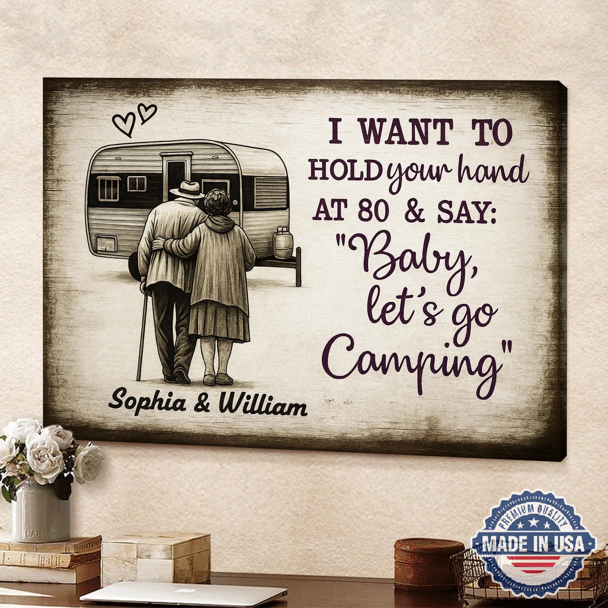 Personalized Camping Couple Canvas – Romantic RV Love Quote Wall Art Custom Names Gift