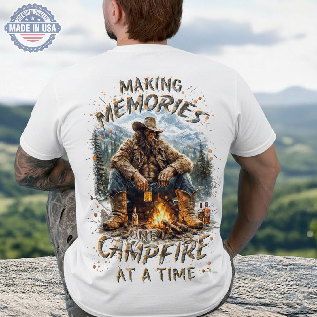 Making Memories Campfire T-Shirt – Bigfoot Cowboy Camping Graphic Tee, Rustic Outdoor Adventure Shirt, Funny Sasquatch Nature Gift