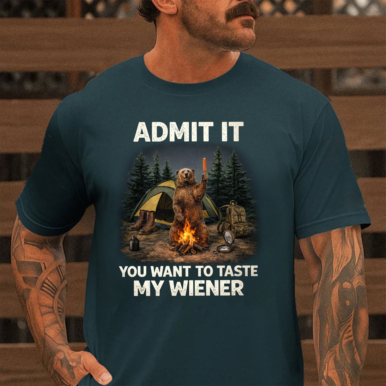 Funny Camping Bear T-Shirt – “Admit It, You Want to Taste My Wiener” Campfire Hot Dog Humor Graphic Tee