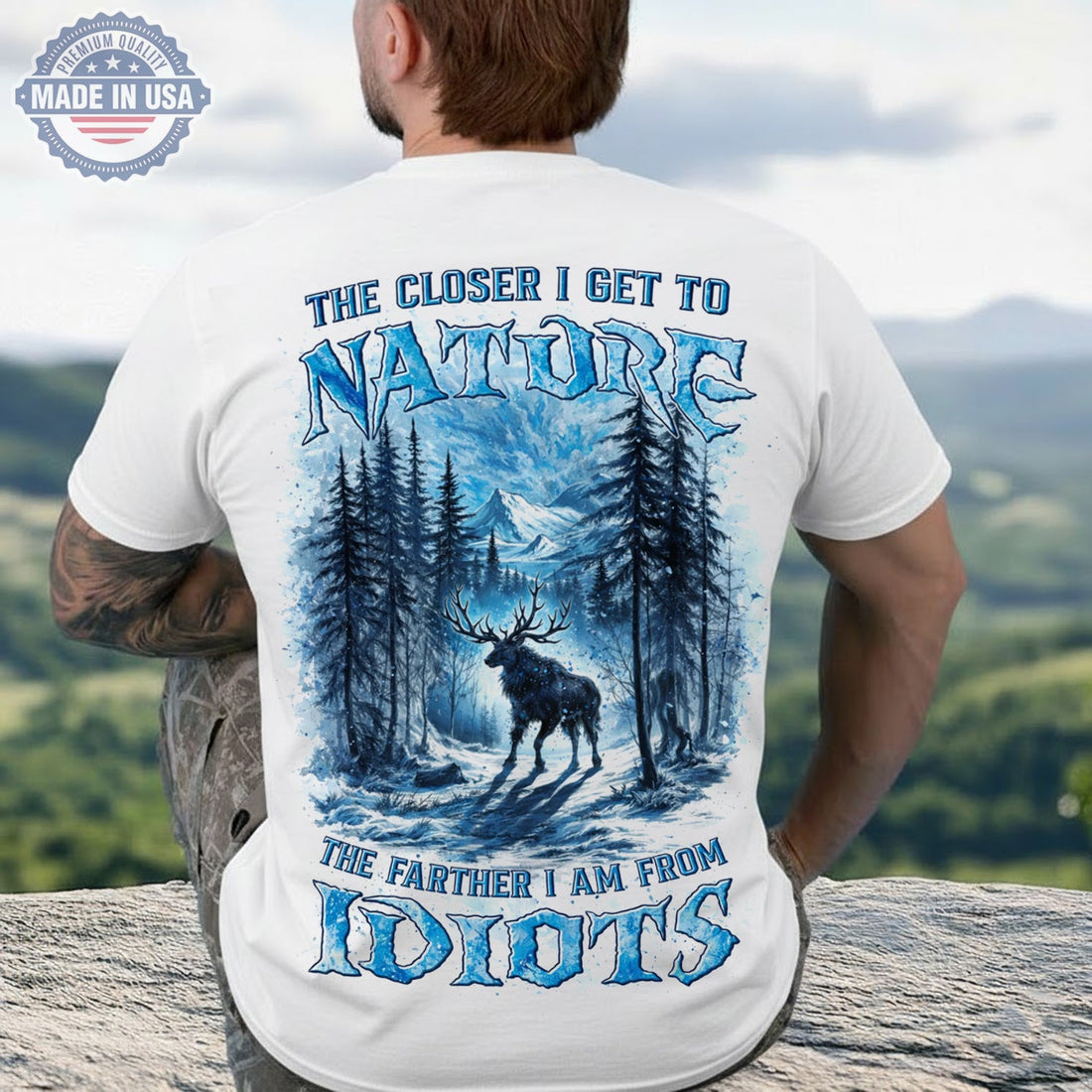The Closer I Get to Nature T-Shirt – Winter Deer Forest Graphic Shirt for Outdoor Lovers, Hiking, Camping & Wilderness Life Fans