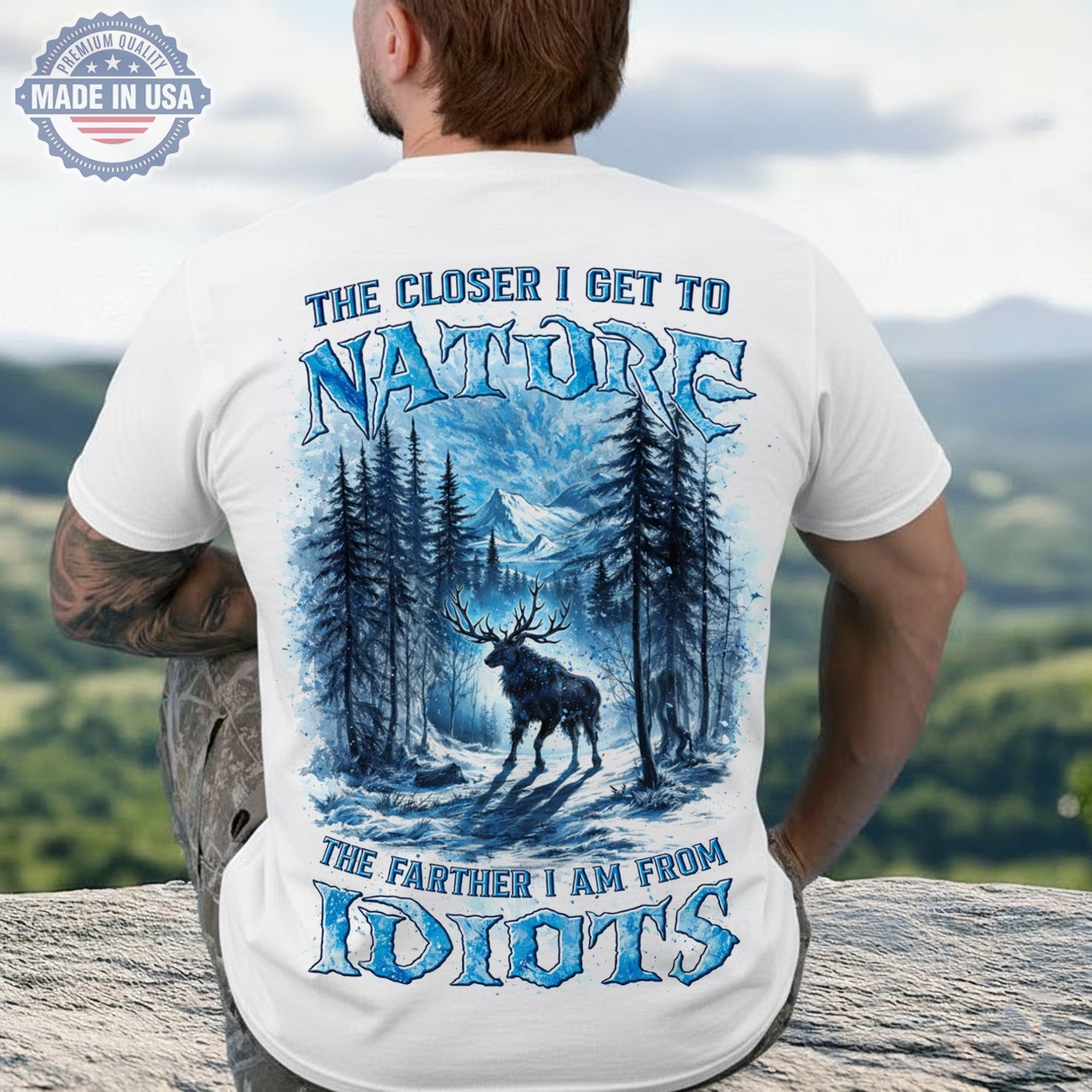 The Closer I Get to Nature T-Shirt – Winter Deer Forest Graphic Shirt for Outdoor Lovers, Hiking, Camping & Wilderness Life Fans