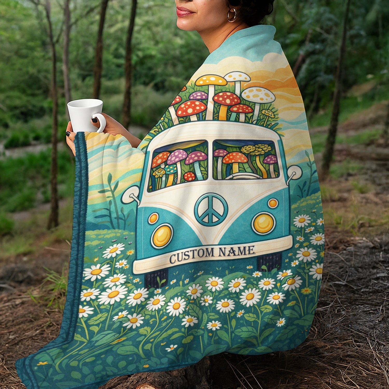Personalized Boho Camper Van Blanket – Custom Name Mushroom Peace Van Throw for Hippie & Boho Lovers