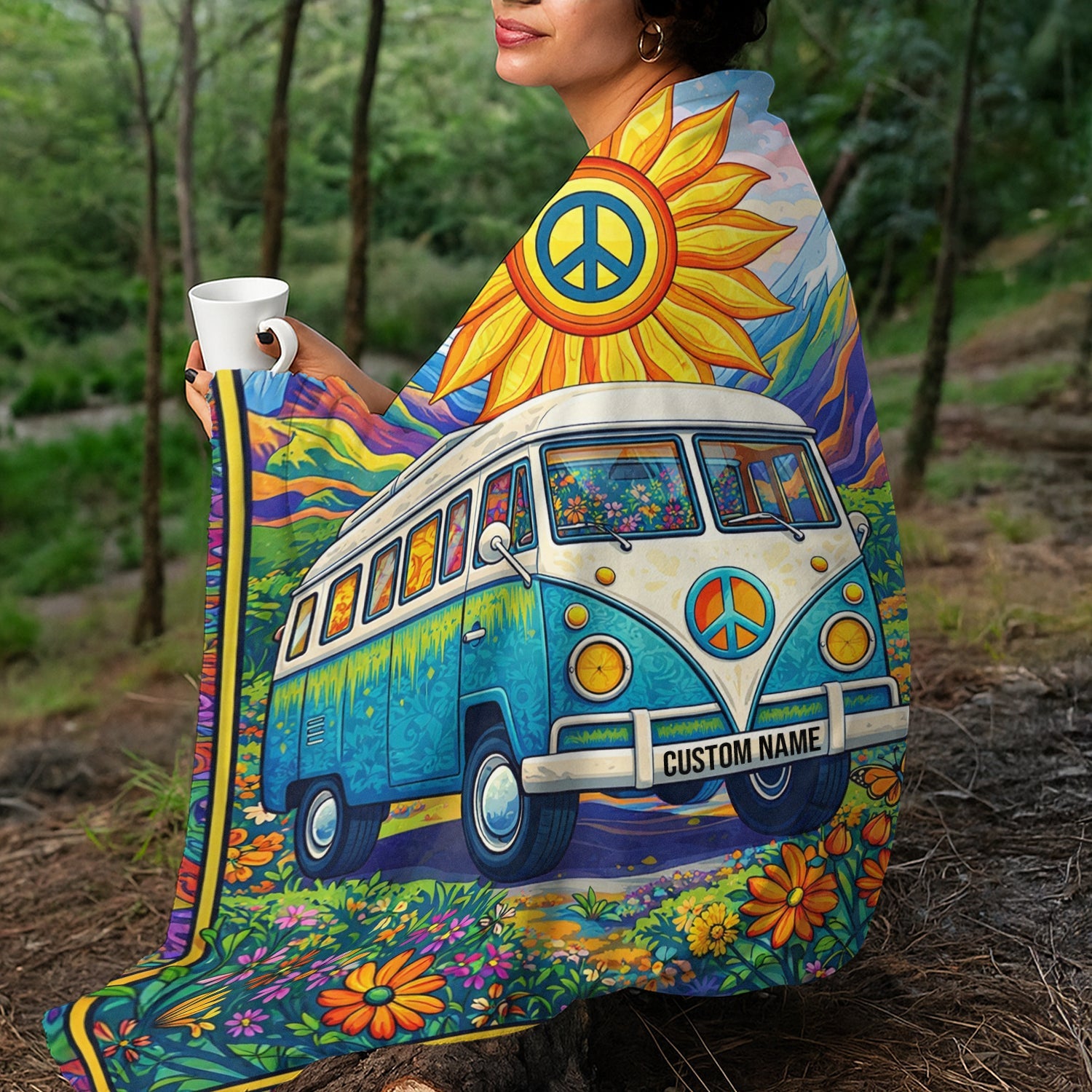 Personalized Hippie Van Blanket – Custom Name Peace & Love Camping Gift