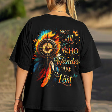 Not All Who Wander Are Lost Compass Feather T-Shirt, Boho Adventure Travel Graphic Tee, Wanderlust Nature Shirt for Women & Men