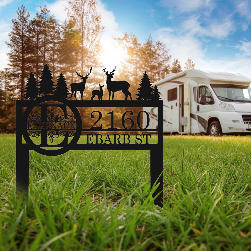 Personalized Metal Address Sign with Deer & Trees – Custom Outdoor Camping Yard Sign – Rustic Wildlife Home Address Plaque