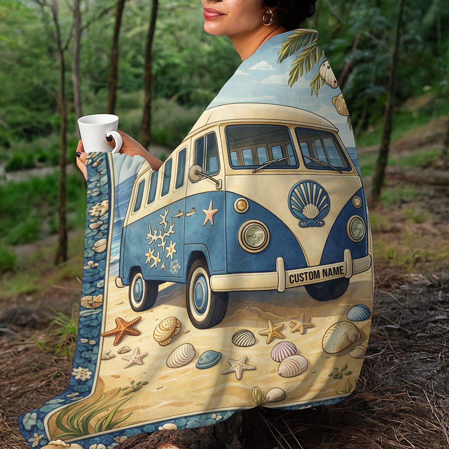 Personalized Beach Van Blanket – Custom Name Coastal Vanlife Summer Gift
