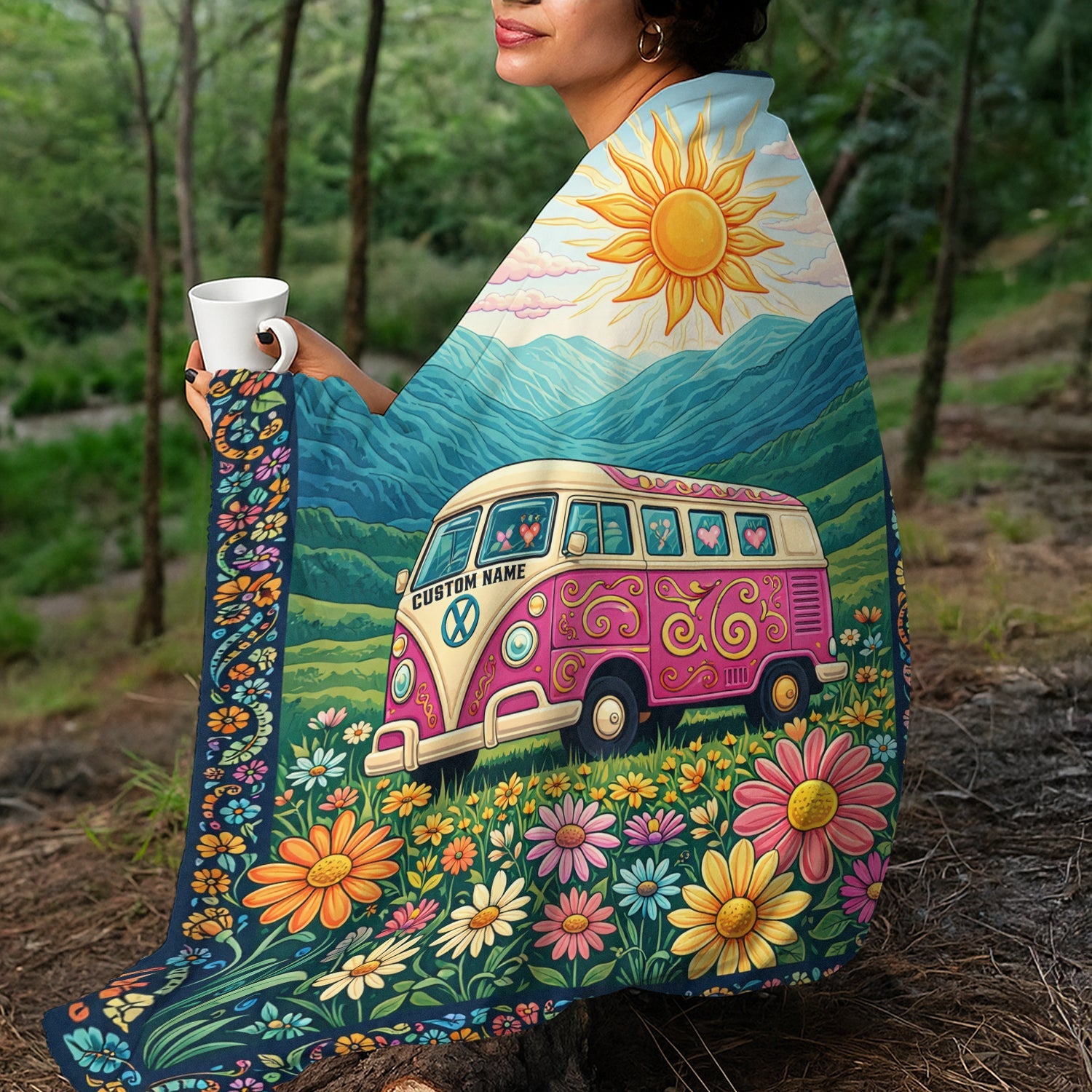 Personalized Hippie Van Life Fleece Blanket – Custom Name Retro Flower Peace Camping Gift