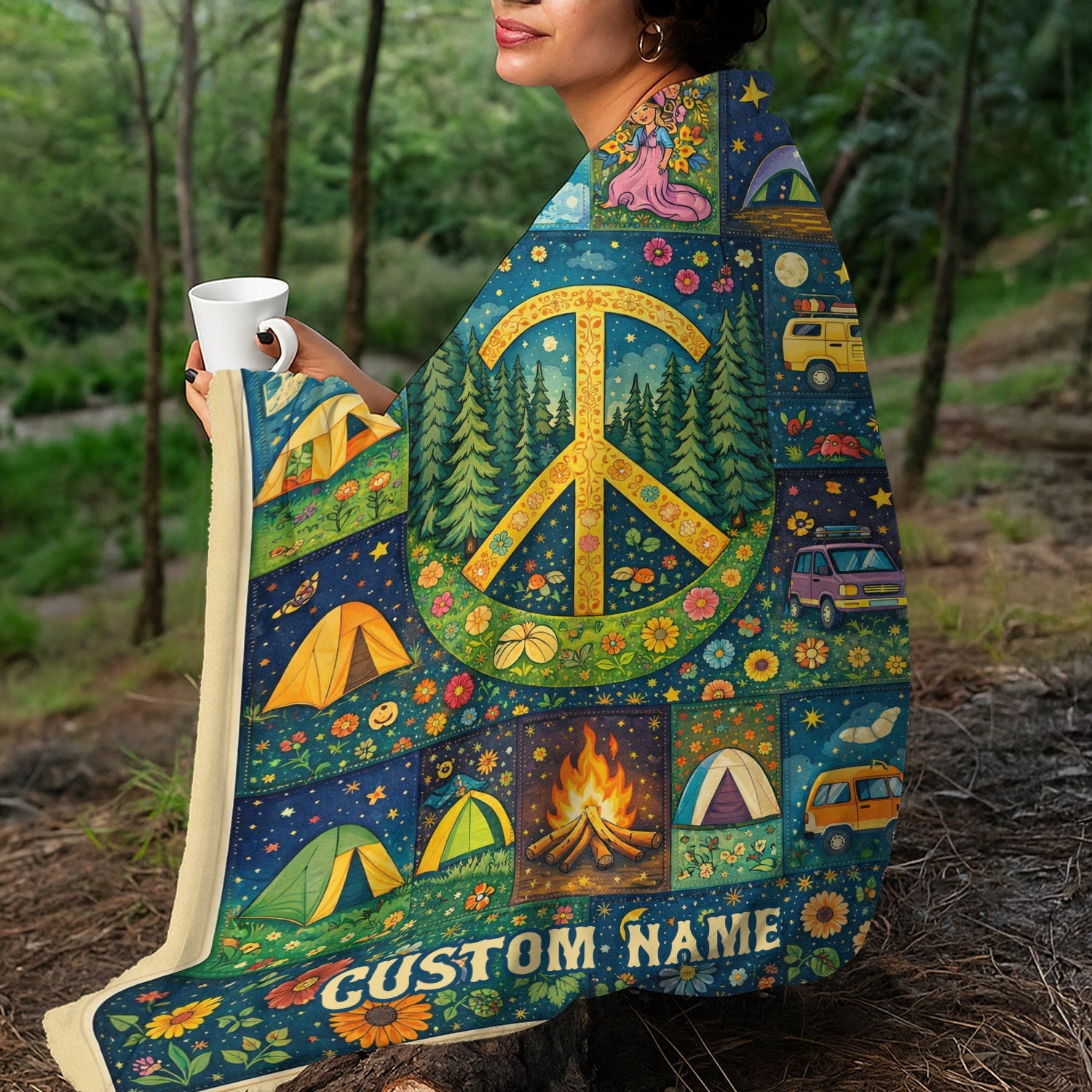 Personalized Hippie Peace Camping Blanket – Custom Name Retro Van Life & Nature Lover Gift
