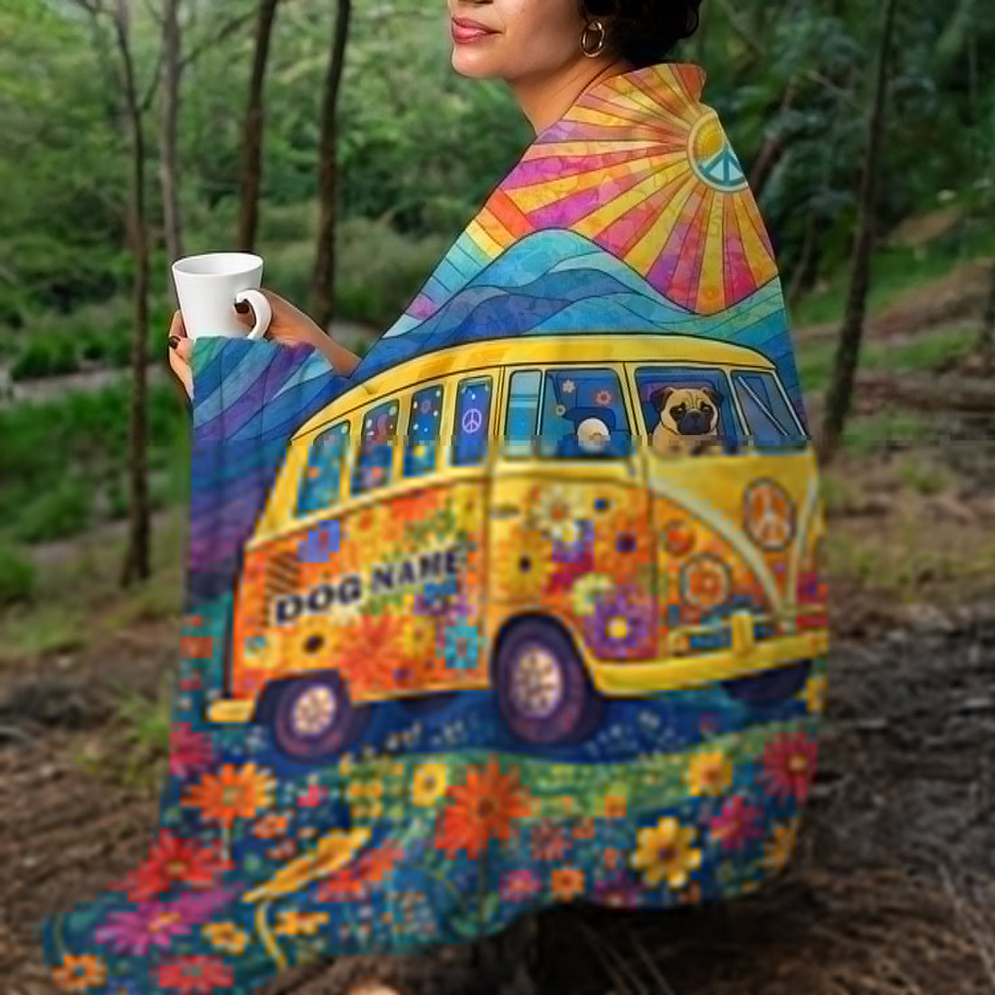 Custom Dog Name Hippie Van Fleece Blanket – Peace & Love Psychedelic Throw for Dog Parents