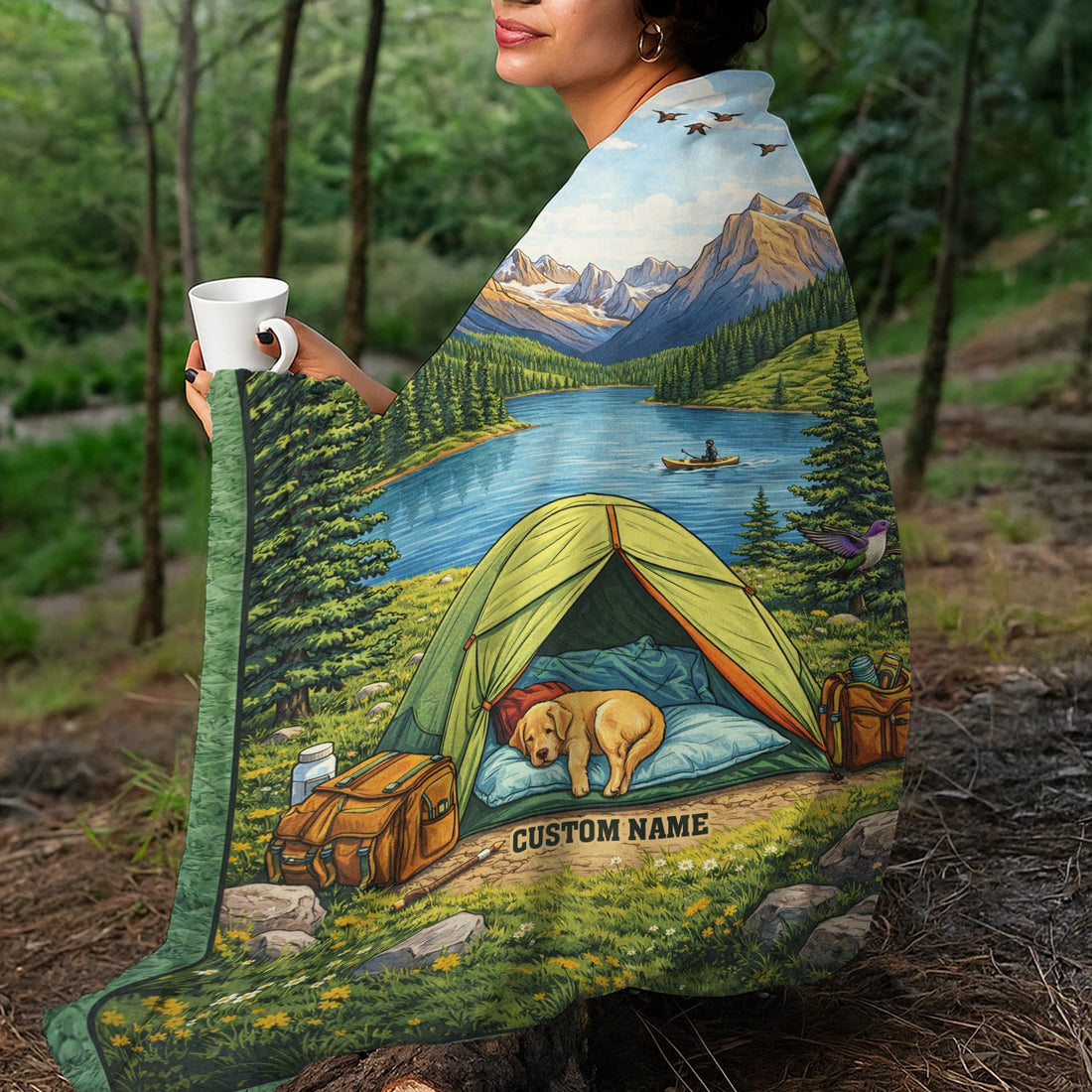 Personalized Dog Camping Fleece Blanket – Custom Name Lake Tent Dog Throw for Dog Lovers & Outdoor Decor
