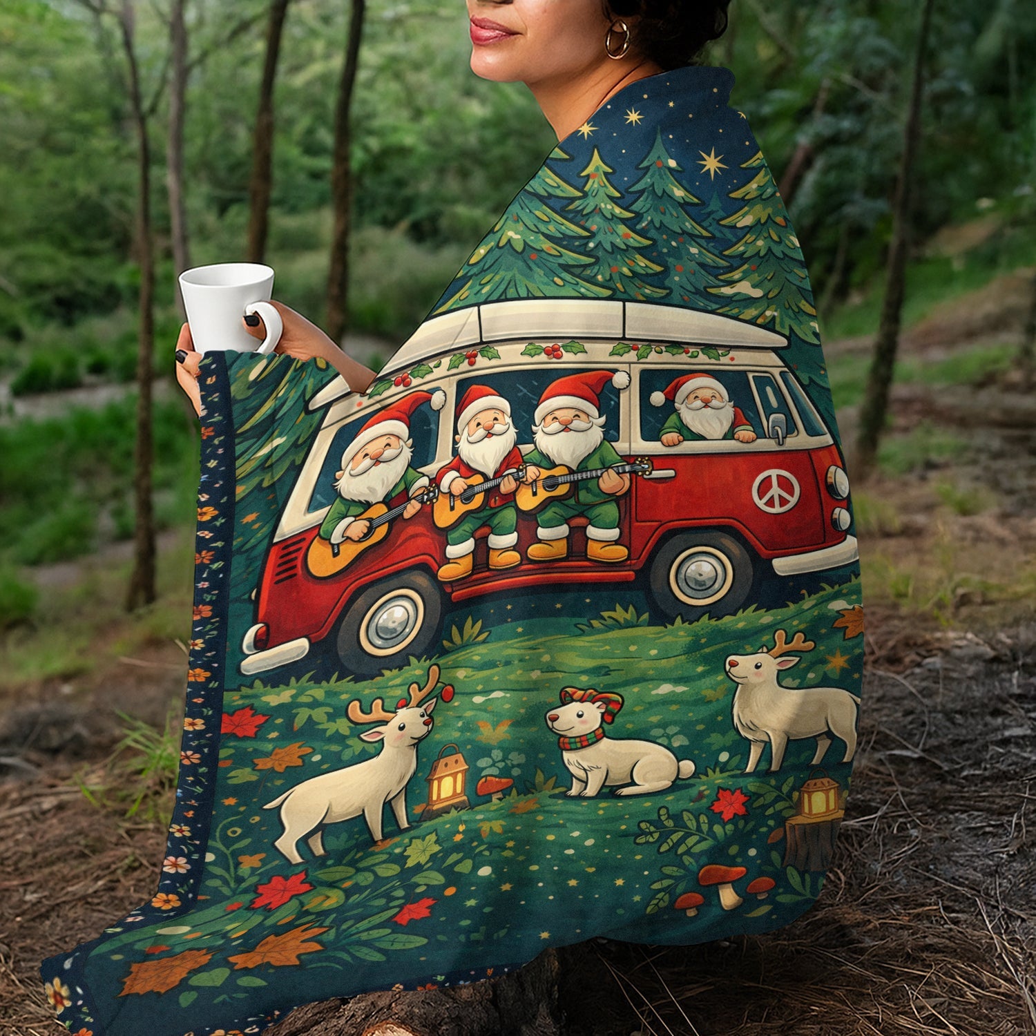 Personalized Christmas Hippie Van Blanket – Custom Name Santa Camper Holiday Gift for Van Life & Retro Lovers