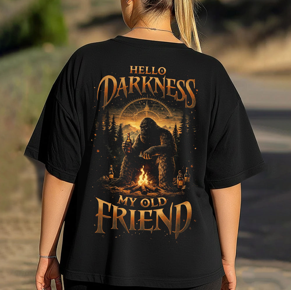 Hello Darkness My Old Friend Bigfoot T-Shirt – Funny Sasquatch Campfire Whiskey Graphic Tee, Dark Humor Outdoor Vintage Shirt