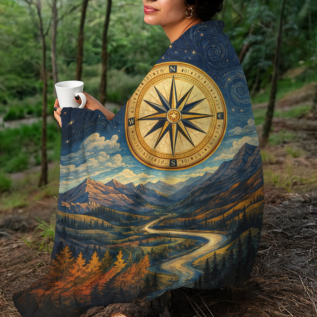Personalized Adventure Compass Blanket – Mountain River Throw for Hikers, Campers & Nature Lovers