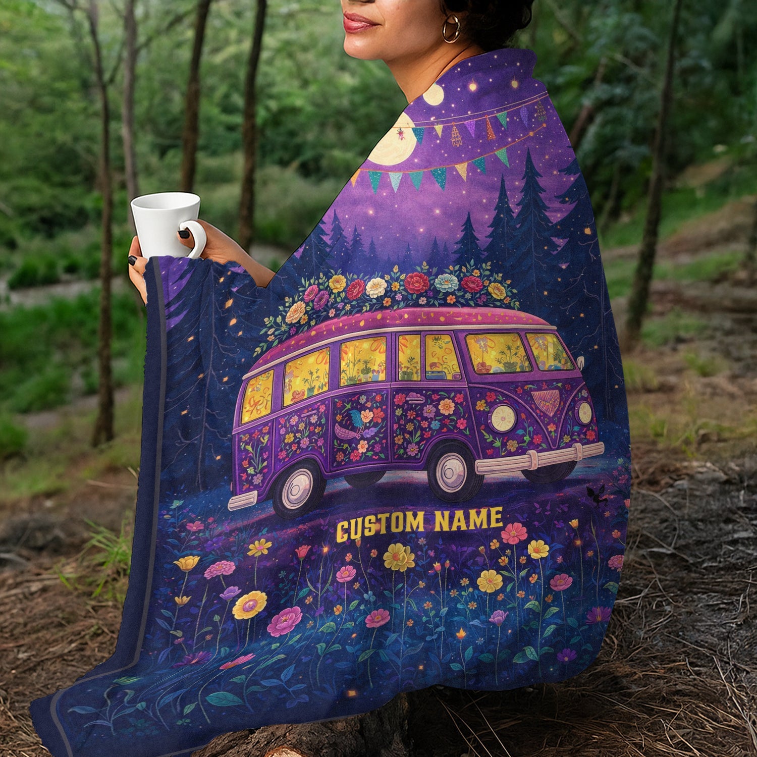 Personalized Hippie Moonlight Van Blanket – Custom Name Boho Retro Festival Gift for Van Life & Flower Lovers