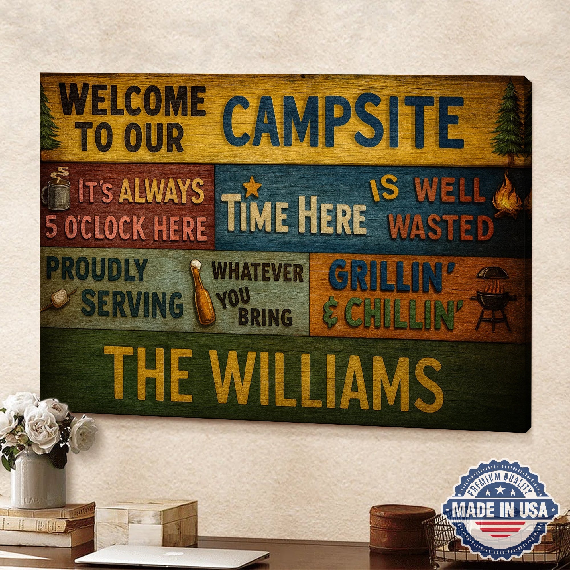 Personalized Welcome Campsite Canvas – Funny Camping Family Name Wall Art Rustic Outdoor Decor