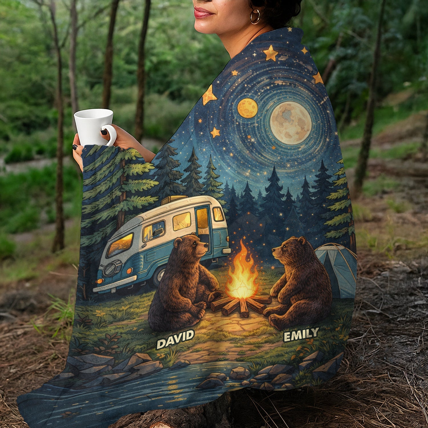Personalized Camping Couple Fleece Blanket – Custom Name Bear Campfire Night Throw for Couples & Outdoor Lovers