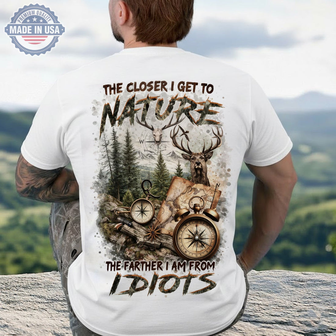 The Closer I Get To Nature Deer Compass T-Shirt, Hunting Adventure Graphic Tee, Funny Anti Social Outdoor Nature Shirt