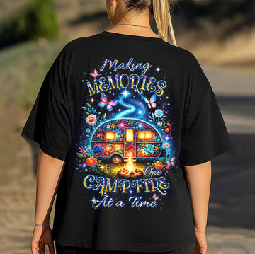 Making Memories One Campfire At A Time RV T-Shirt, Colorful Camper Van Campfire Graphic Tee, Cozy Camping Nature Shirt for Women