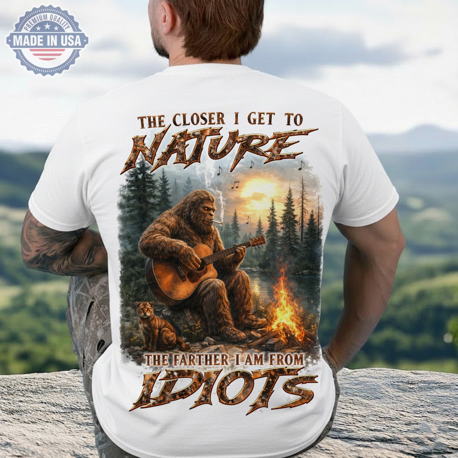 The Closer I Get To Nature Bigfoot Guitar T-Shirt, Sasquatch Campfire Music Tee, Funny Anti Social Nature Shirt