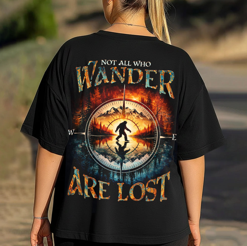 Not All Who Wander Are Lost Bigfoot T-Shirt – Sasquatch Compass Wilderness Graphic Tee, Mountain Reflection Forest Adventure Shirt, Outdoor Explorer Nature Apparel