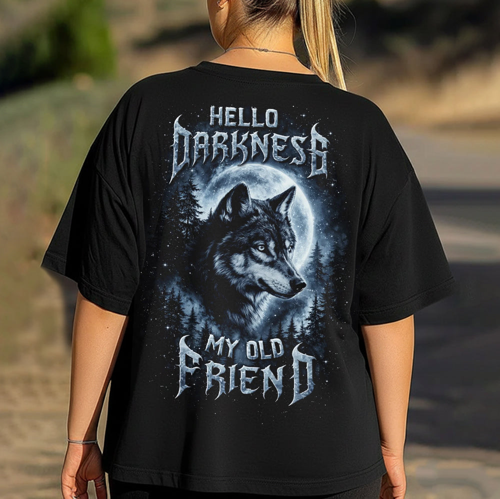 Hello Darkness My Old Friend T-Shirt – Gothic Wolf Moon Graphic Shirt for Night Lovers, Dark Aesthetic & Wilderness Spirit Fans