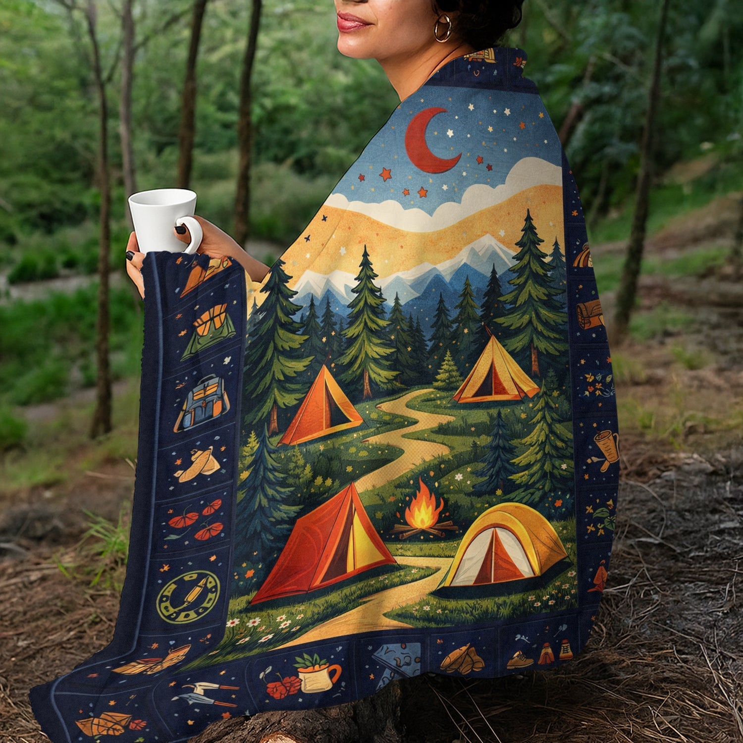 Camping Night Fleece Blanket – Mountain Campfire Tent Throw for Camping Lovers & Outdoor Home Decor