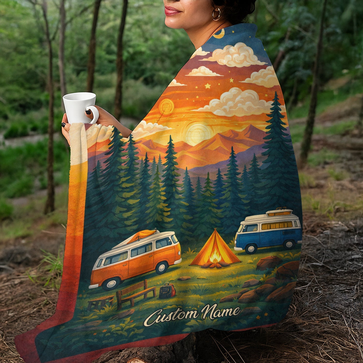 Personalized Camper Van Sunset Blanket – Custom Name Van Life Couple Camping Quilt Throw