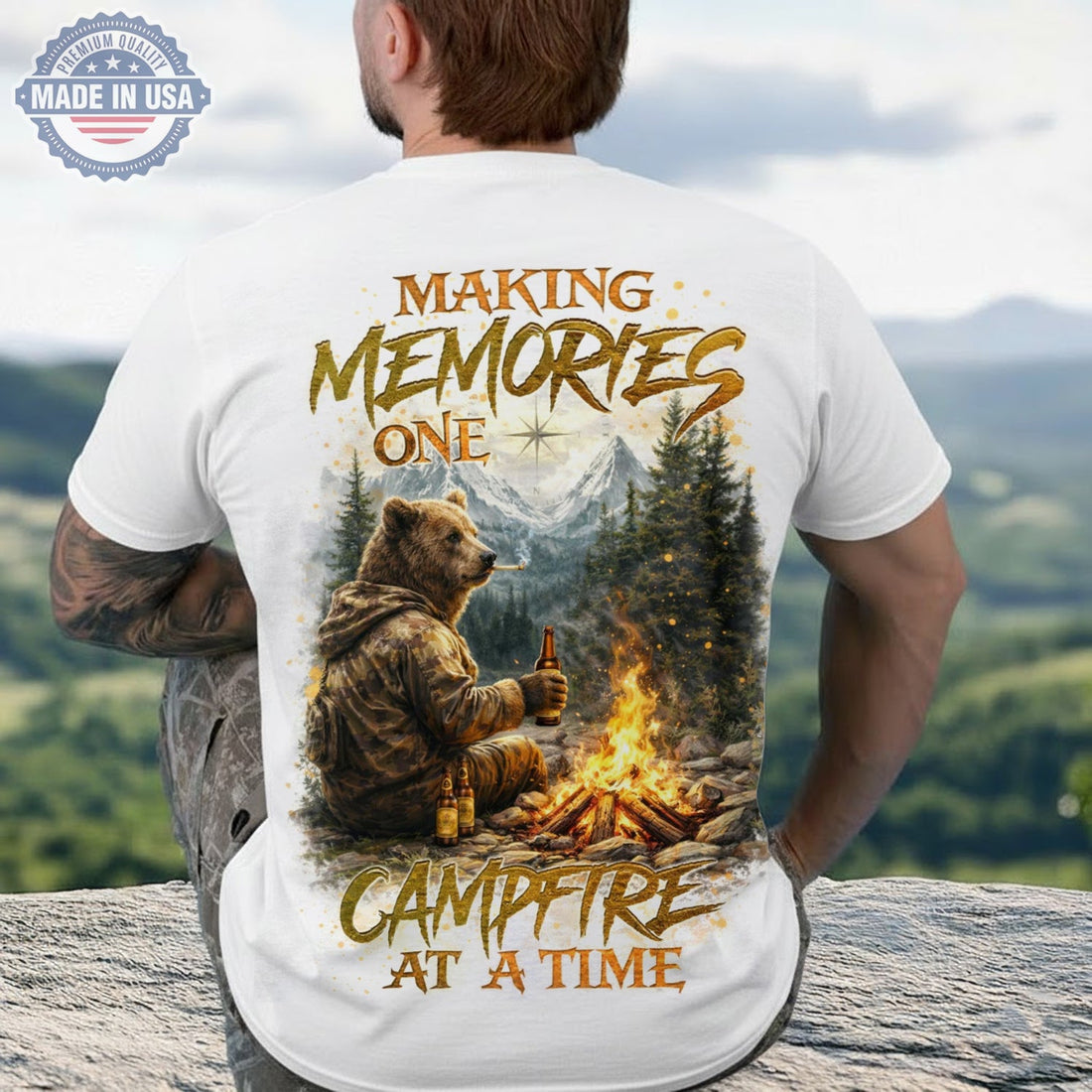 Making Memories One Campfire At A Time Bear T-Shirt, Camping Bear Beer Graphic Tee, Cozy Outdoor Campfire Nature Shirt