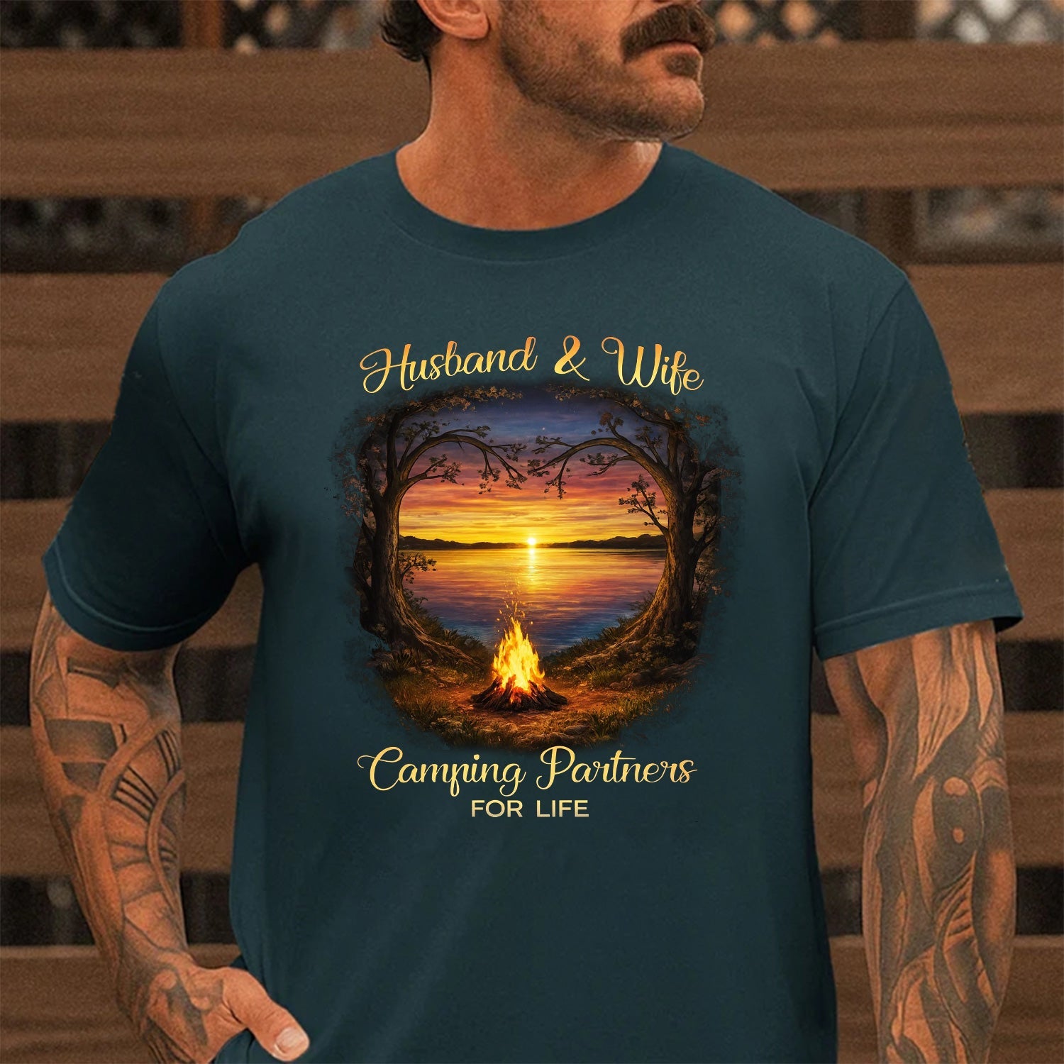 Husband and Wife Camping Partners for Life T-Shirt – Romantic Campfire Sunset Graphic Tee, Couples Outdoor Love Apparel