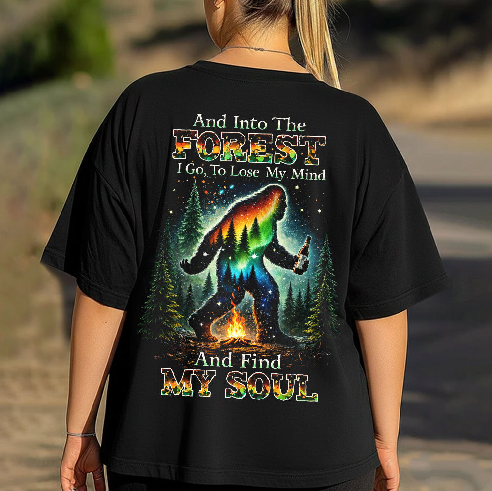 And Into The Forest I Go Bigfoot T-Shirt, Sasquatch Campfire Beer Graphic Tee, Funny Wilderness Camping Nature Shirt for Men